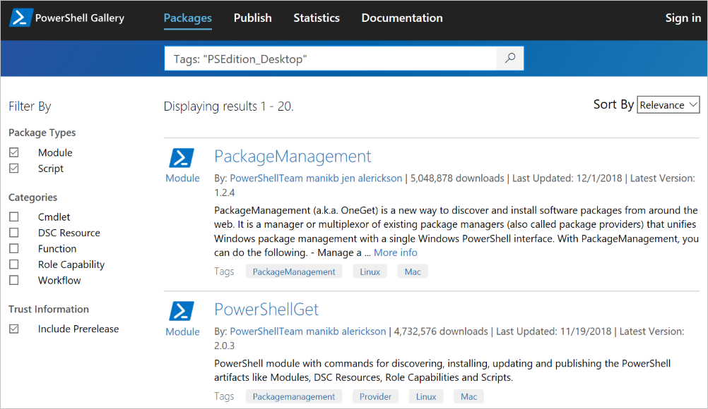 Résultats de la recherche des éléments compatibles avec l’édition PowerShell Desktop