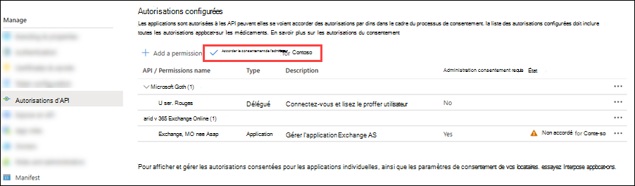 Consentement administrateur requis, mais non accordé pour les autorisations Exchange.ManageAsApp.