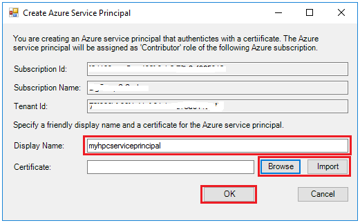 Capture d’écran montrant la boîte de dialogue Créer un principal de service Azure dans laquelle vous pouvez entrer un nom complet et rechercher un certificat.