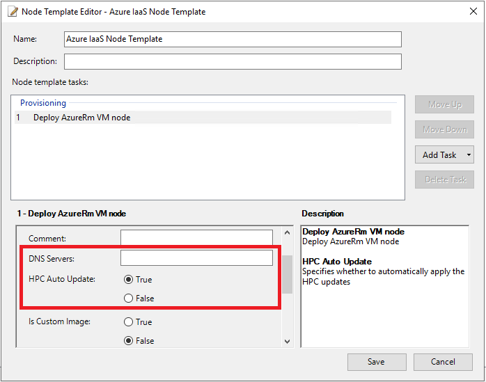 Screenshot shows the Node Template Editor with DNS Servers highlighted and H P C Auto Update specified as True.