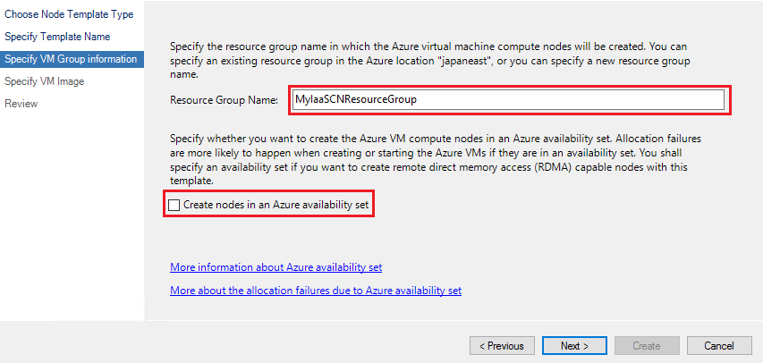 Capture d’écran montrant la page Spécifier les informations de groupe V M avec un nom de groupe de ressources et l’option Créer des nœuds dans un groupe à haute disponibilité Azure mise en surbrillance.