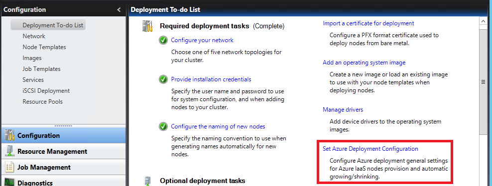 Capture d’écran montrant la liste Déploiement de configuration à effectuer avec La configuration de déploiement Azure mise en surbrillance.