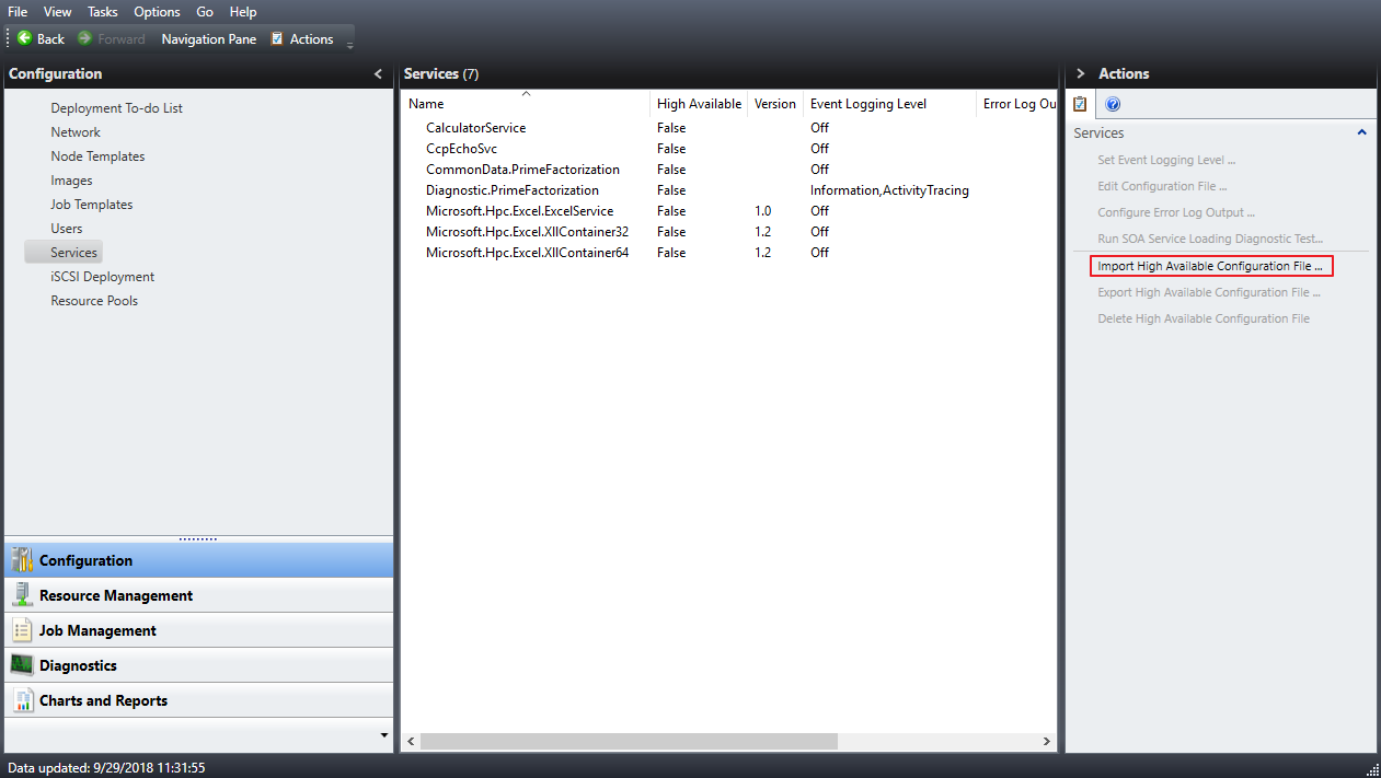 Screenshot shows the Configuration page with Services selected and the Import High Available Configuration file highlighted.