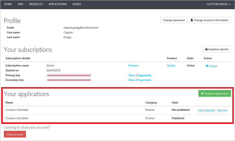 Page Applications du compte d’utilisateur