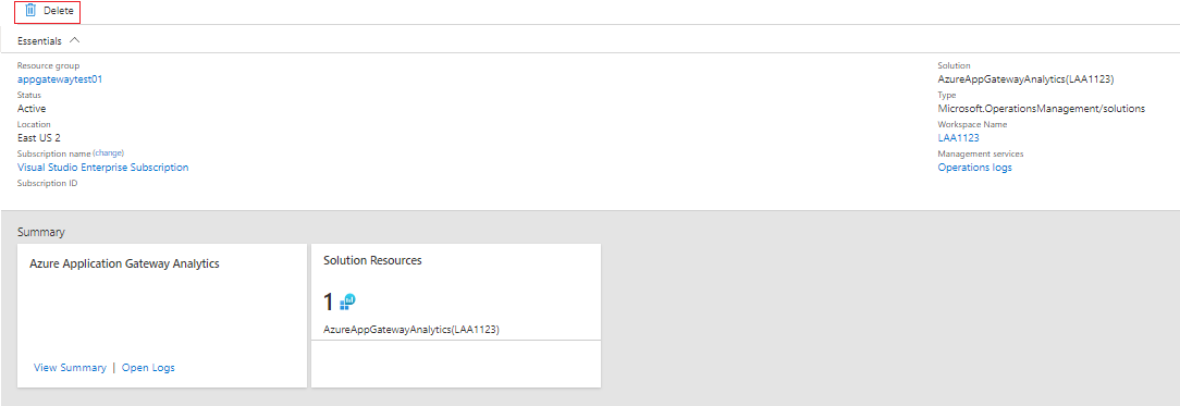 Capture d’écran montrant l’option de suppression pour la solution d’analyse Application Gateway.