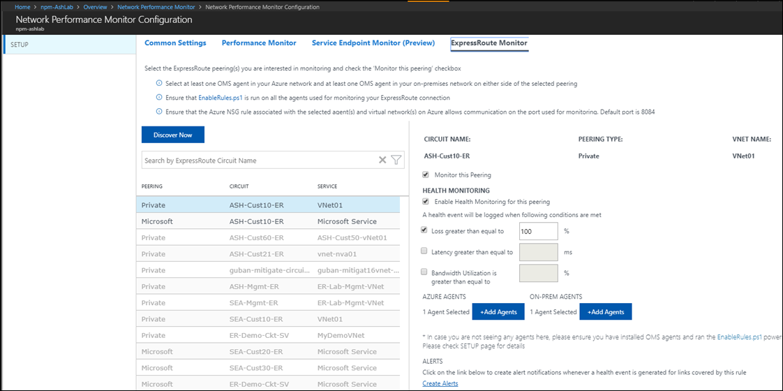 Page Configuration de Network Performance Monitor