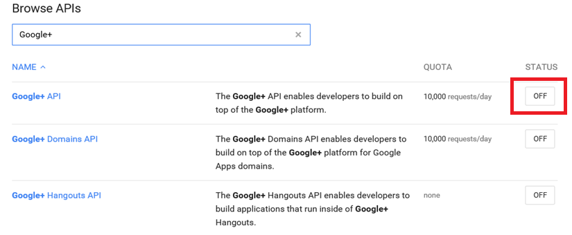 API Parcourir les API Google Developer Console