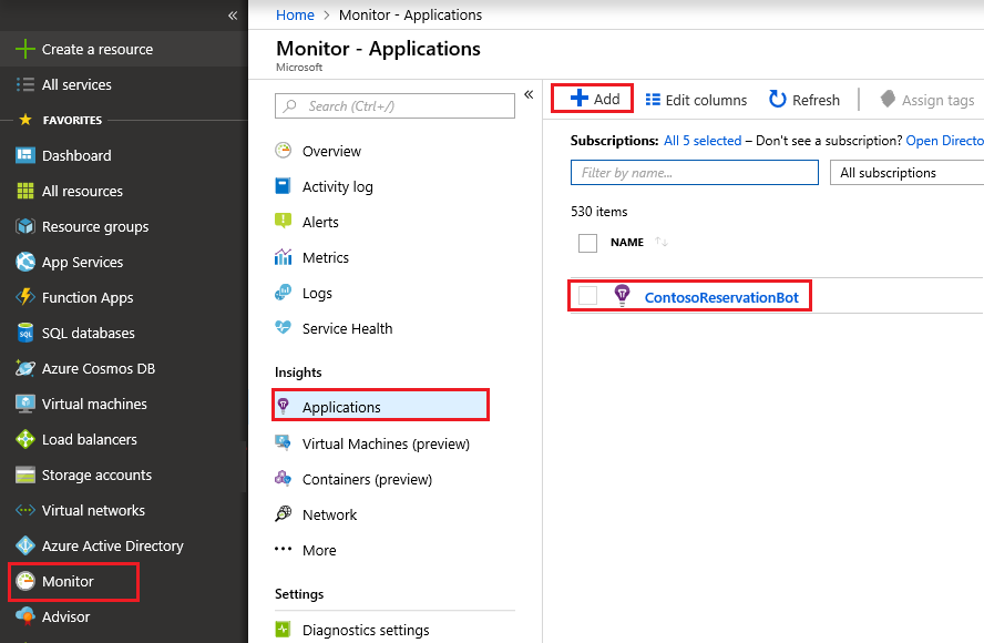 Portal screen capture of Application Insights listing