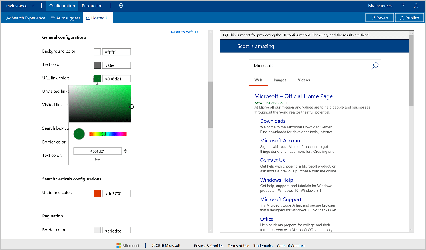 Capture d’écran de la personnalisation du thème de couleur de l’interface utilisateur hébergée