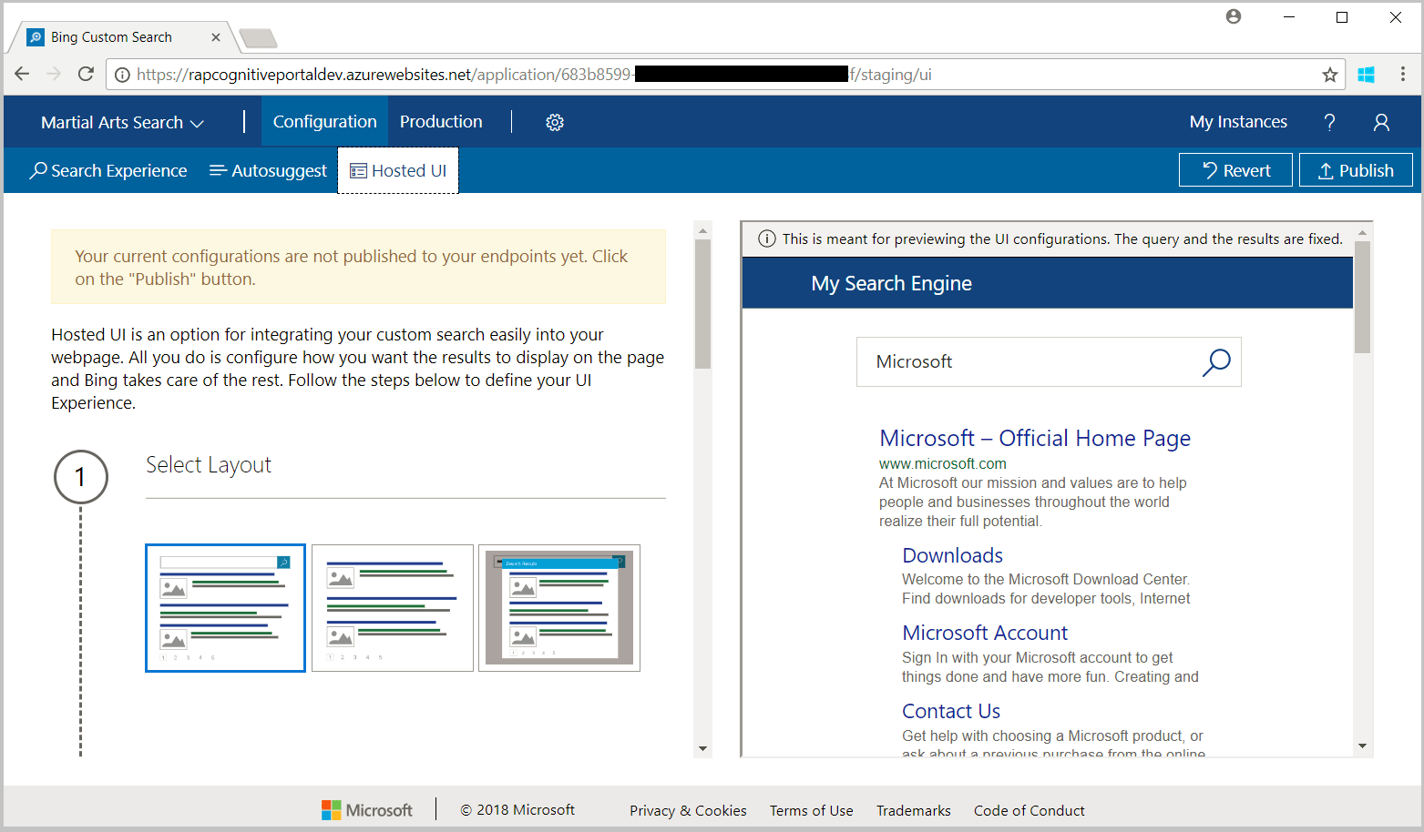 Capture d’écran de l’étape de sélection de la disposition de l’interface utilisateur hébergée