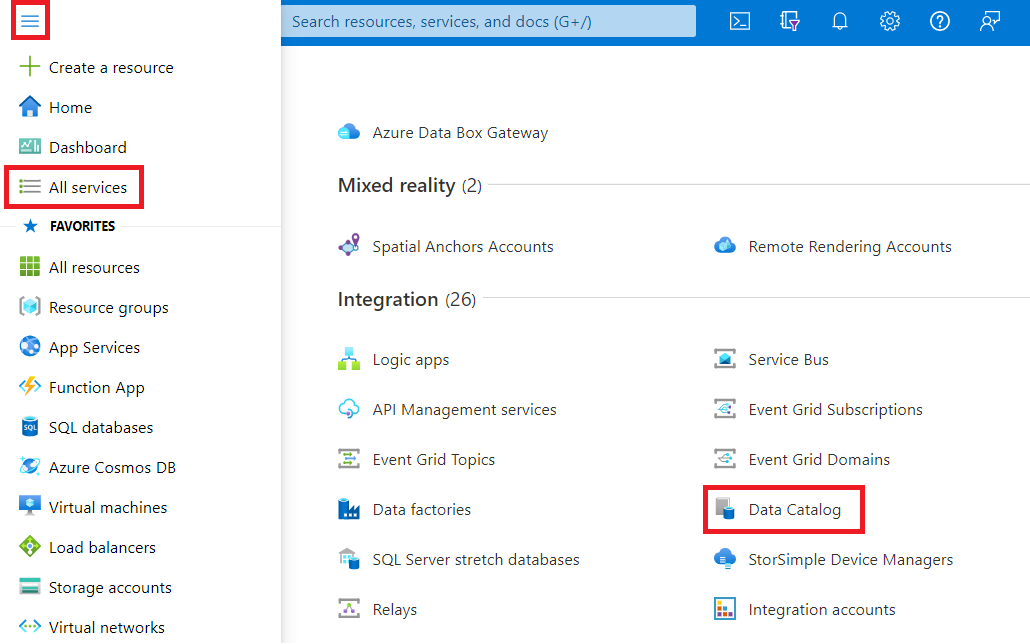 Le menu de gauche du Portail Azure est ouvert, avec l’option « tous les services » sélectionnée. Dans le menu Services, Data Catalog est sélectionné.