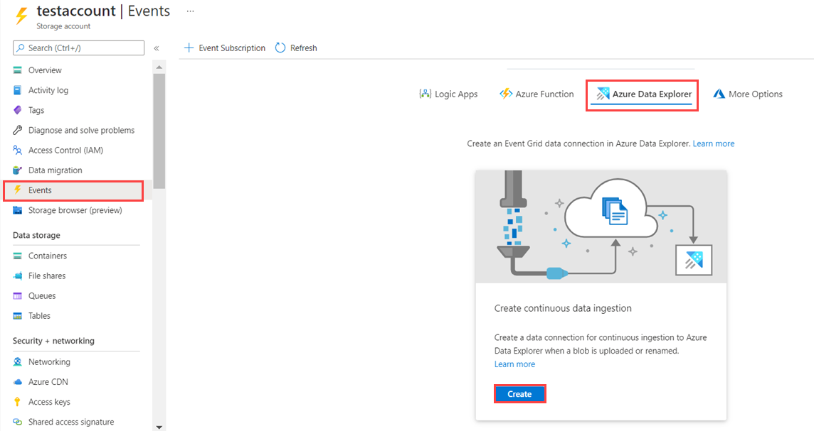 Capture d’écran de la page Événéments du compte de stockage Azure montrant l’onglet Azure Data Explorer.