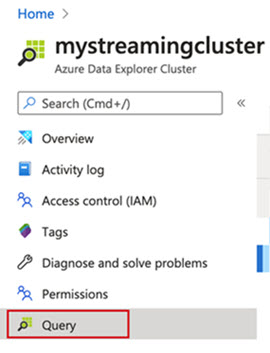 Sélection de l’option Requête dans le portail Azure Data Explorer pour activer l’ingestion de streaming.