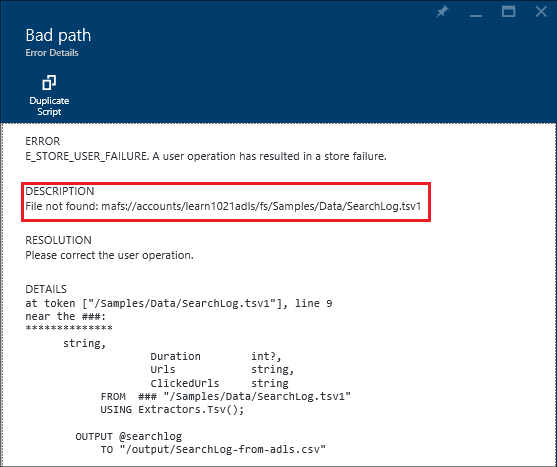 Détails sur le travail d’échec d’Analytique Data Lake Azure