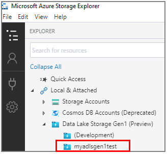 Affiche le compte Data Lake Storage Gen1 figurant sous le nœud Data Lake Storage Gen1 (préversion) dans l’interface utilisateur