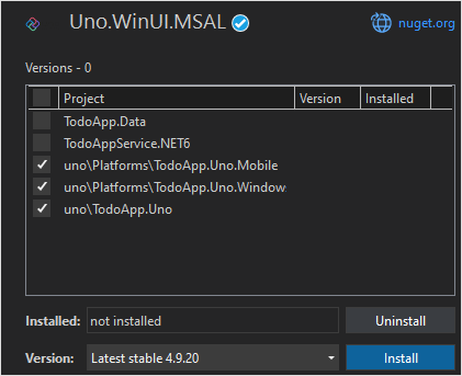 Capture d’écran de la sélection du nuGet Uno MSAL dans Visual Studio.