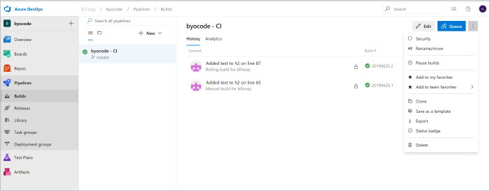 Page des builds Azure Pipelines