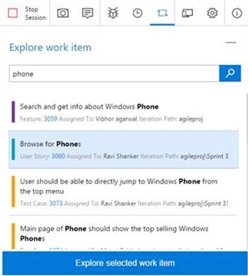 Search for a work item within exploratory testing
