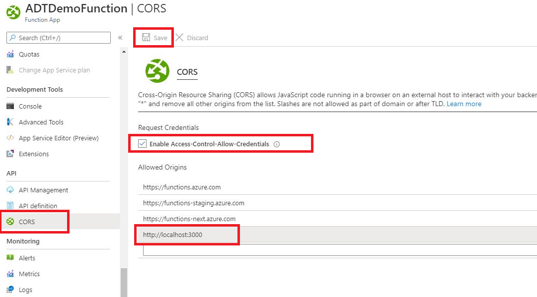 Capture d’écran du portail Azure montrant le paramètre CORS dans Azure Function