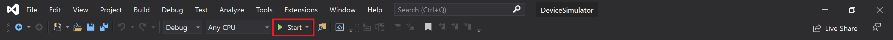 Capture d’écran du bouton de démarrage de Visual Studio avec le projet DeviceSimulator ouvert