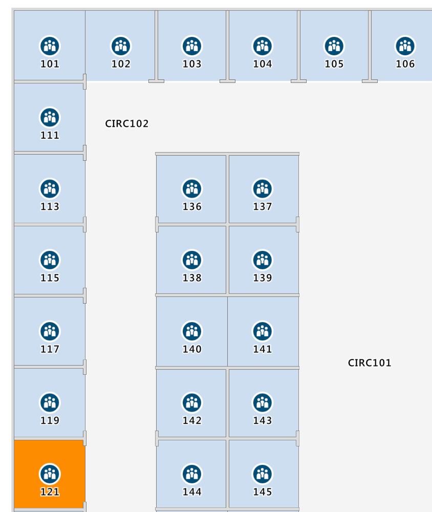 Capture d’écran d’une carte Office illustrant la salle 121 colorée en orange