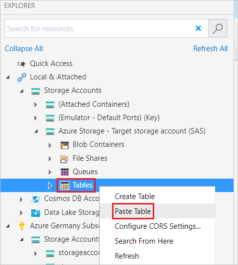 Menu Coller la table sélectionné dans le compte de stockage Azure cible