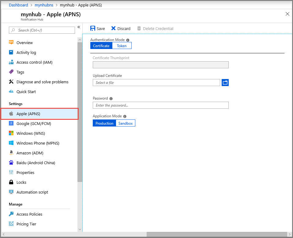 Configurer la certification APNS dans le portail Azure