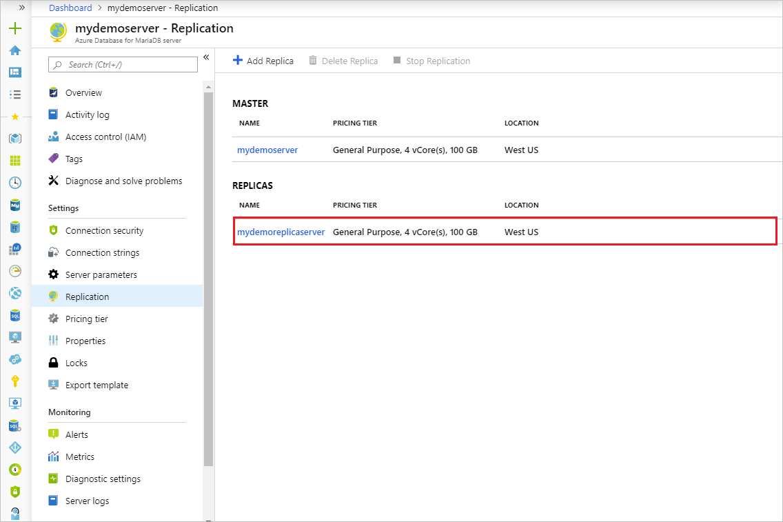 Azure Database for MariaDB - Stop replication select server