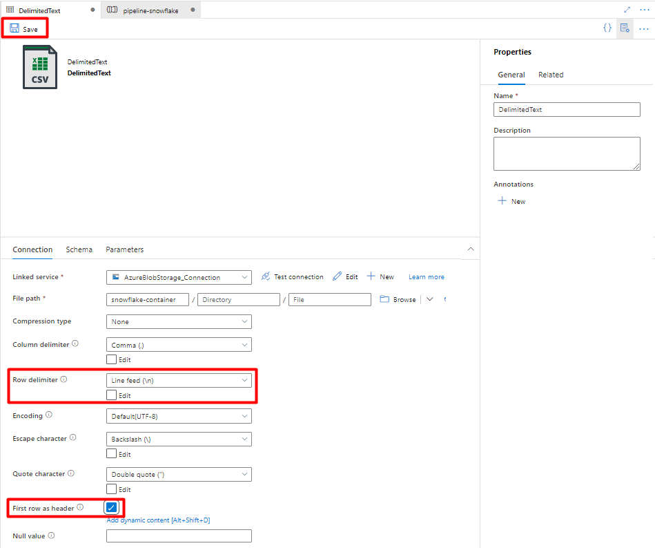 Capture d’écran montrant comment enregistrer une configuration DelimitedText à utiliser comme récepteur pour Snowflake.