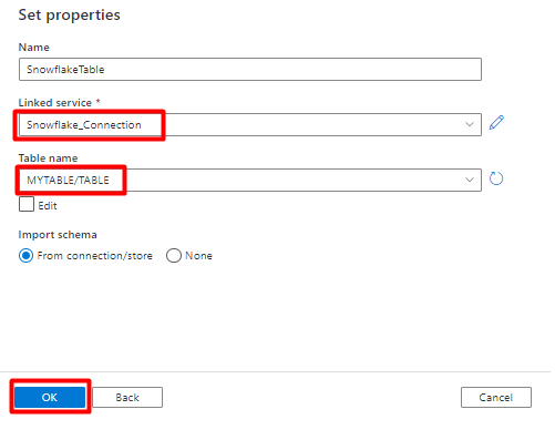 Capture d’écran montrant comment configurer les propriétés du jeu de données pour Snowflake.