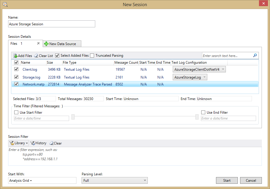 Configuration d’une session de Message Analyzer