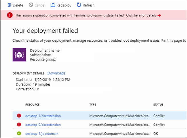 Capture d’écran de l’opération de ressource terminée avec l’état d’approvisionnement de terminal dans « Échec de votre déploiement ».