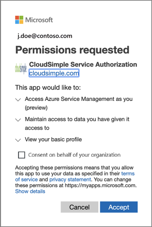 Consentement pour l’application Autorisation du Service CloudSimple - Administrateur d’entreprise