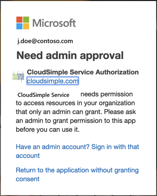 Consentement pour l’application Autorisation du Service CloudSimple - Nécessite des administrateurs