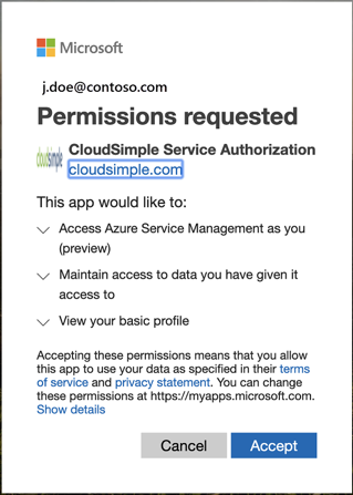 Consentement pour l’application Autorisation du Service CloudSimple - Administrateurs