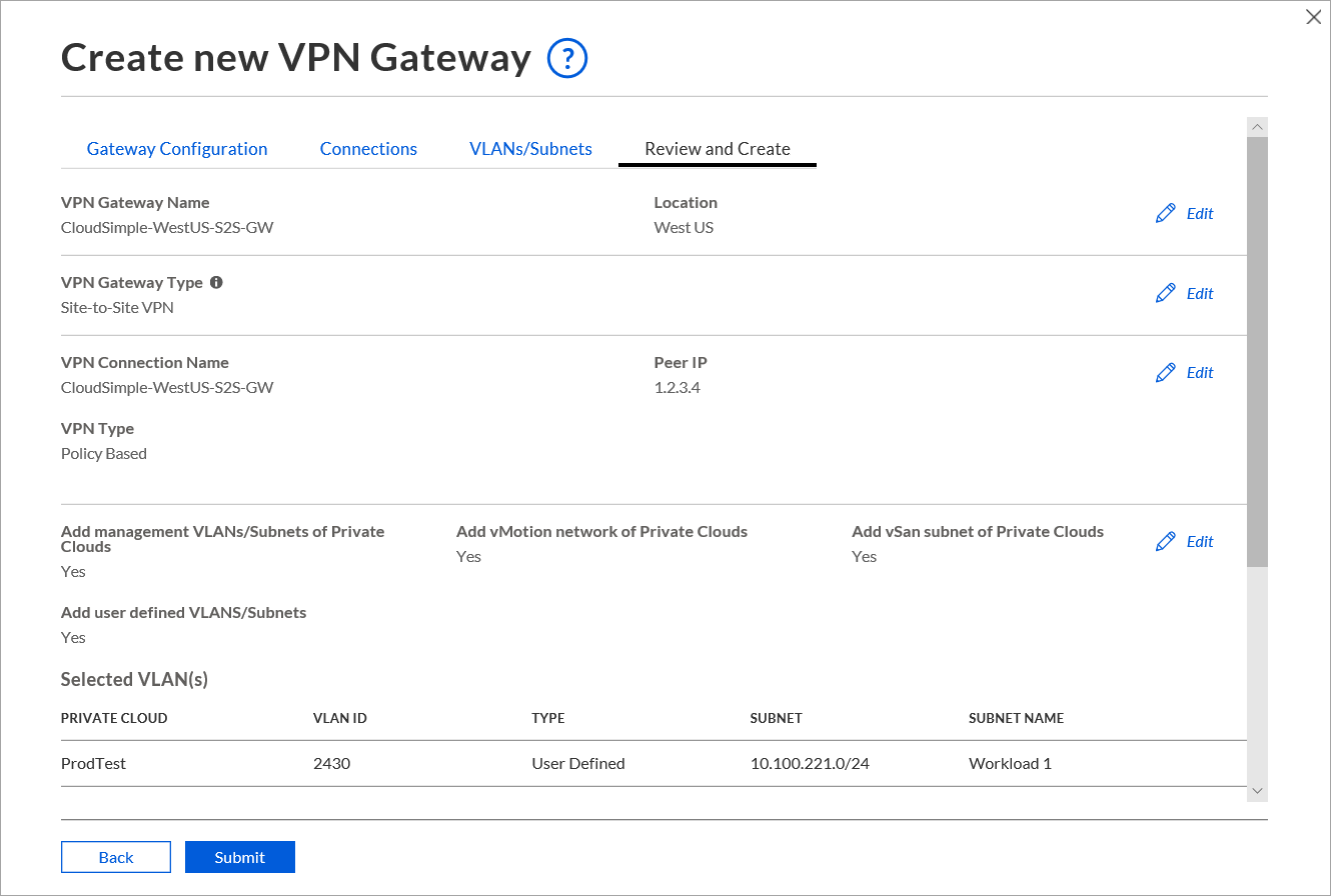 Vérification et création de la passerelle VPN de site à site