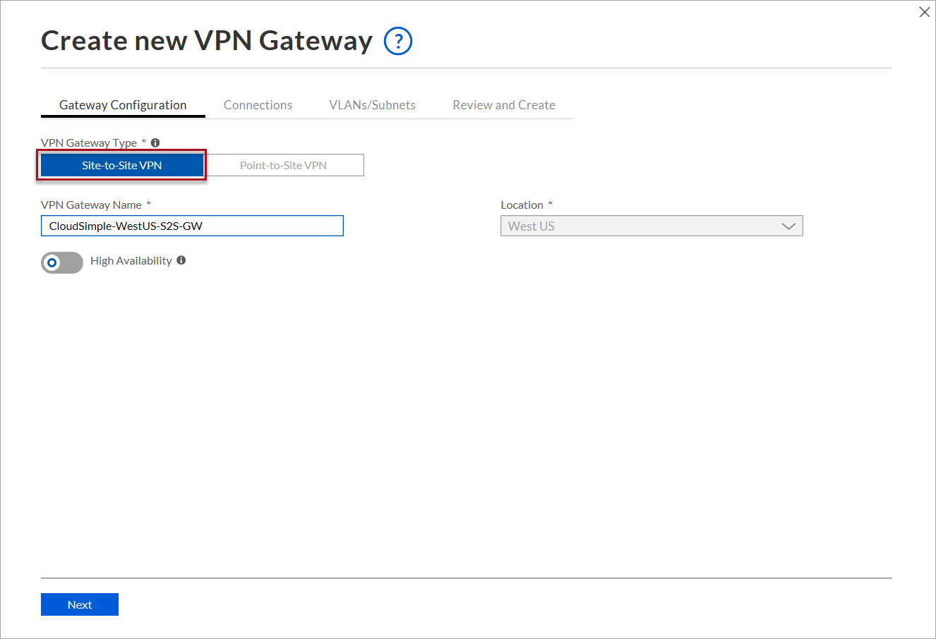 Créer une passerelle VPN de site à site