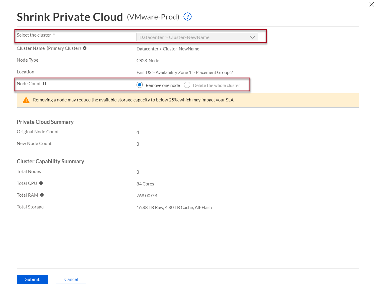 Réduire un cloud privé - sélectionner un cluster