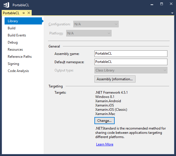 Project properties for Portable Class Library in Visual Studio