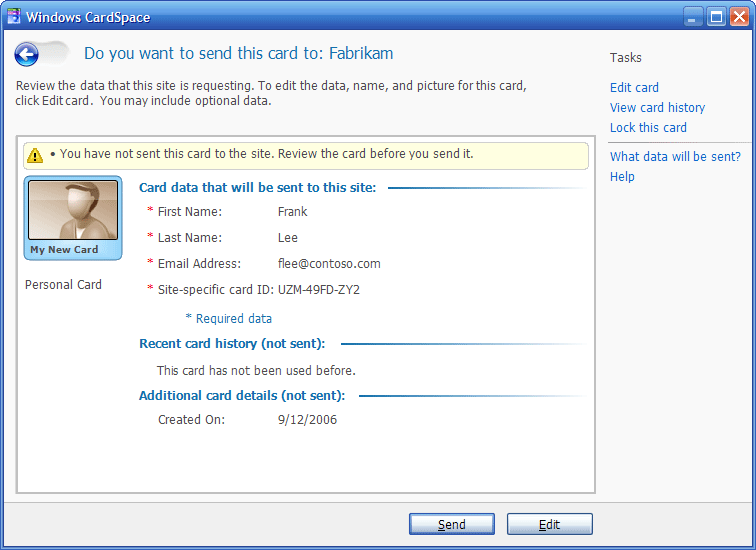 Envoi d'une carte Windows CardSpace à un site