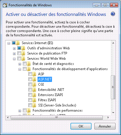 Paramètres par défaut des fonctionnalités IIS 7.0