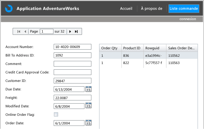 Application terminée affichant OrderID et détail