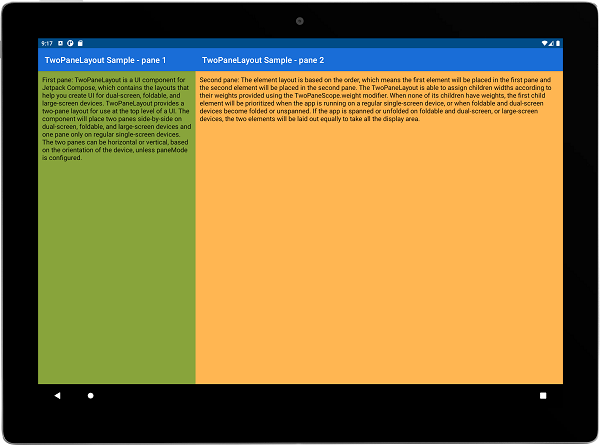 TwoPaneLayout on a tablet/large screen device, with weight modifiers of 0.3 and 0.7 so panes are divided in a 3:7 ratio