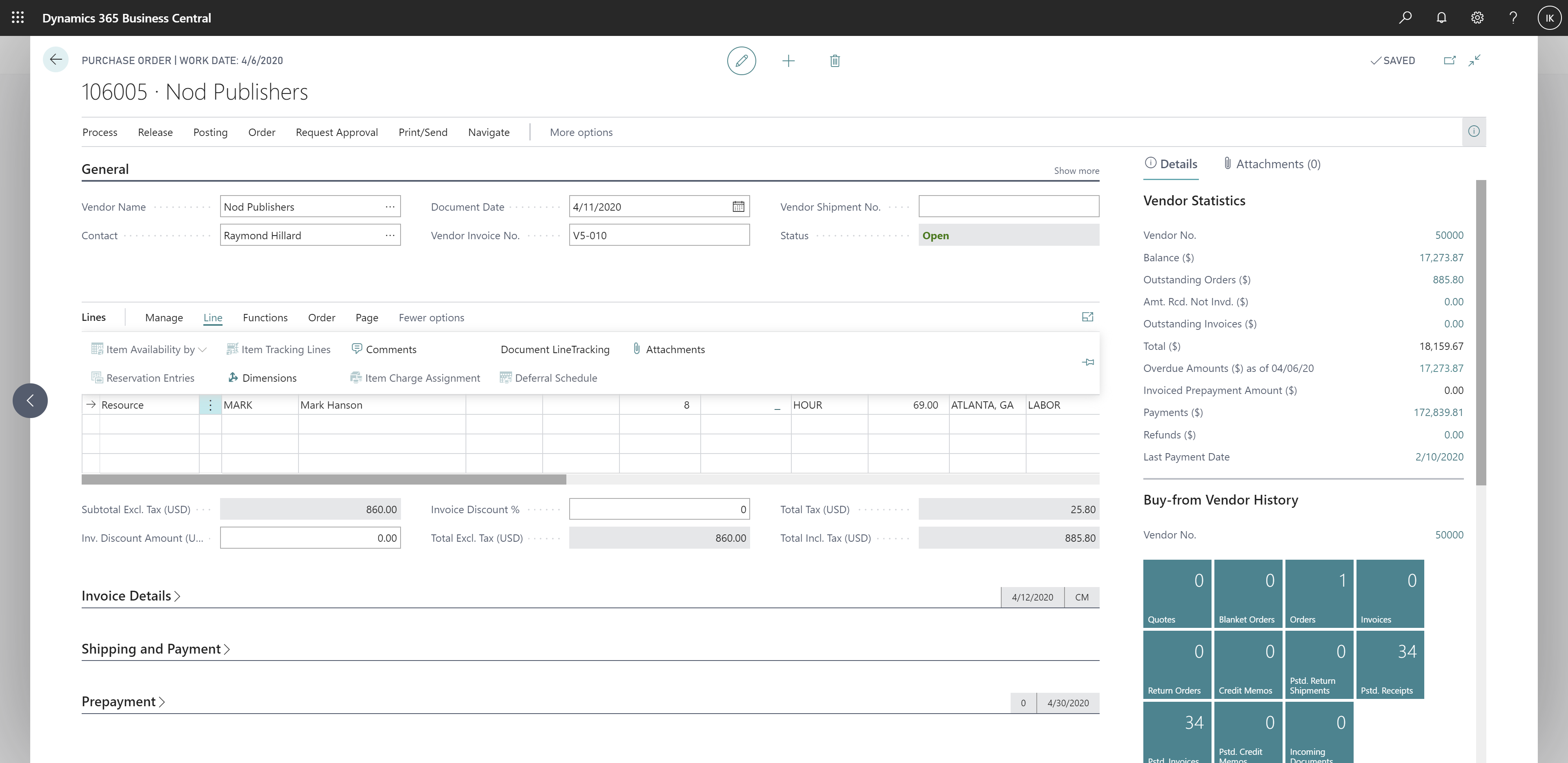 A view of contextually disabled purchase order line actions