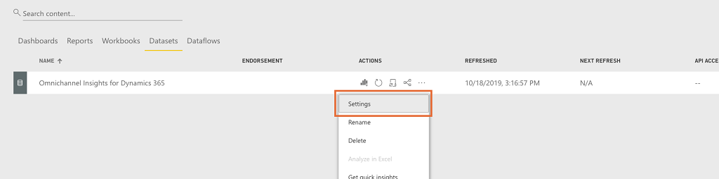 Select Settings on Datasets tab.
