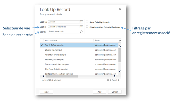 Éléments de la boîte de dialogue Rechercher dans Dynamics CRM
