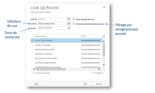 Boîte de dialogue Rechercher dans Dynamics CRM