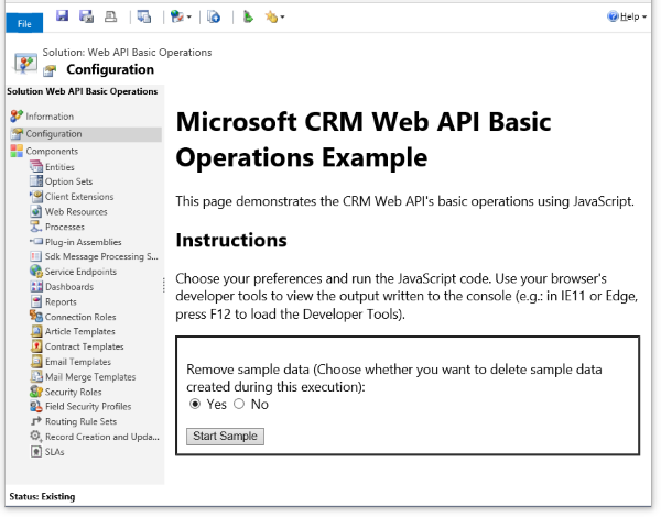 Dynamics 365 Web API Sample Configuration page