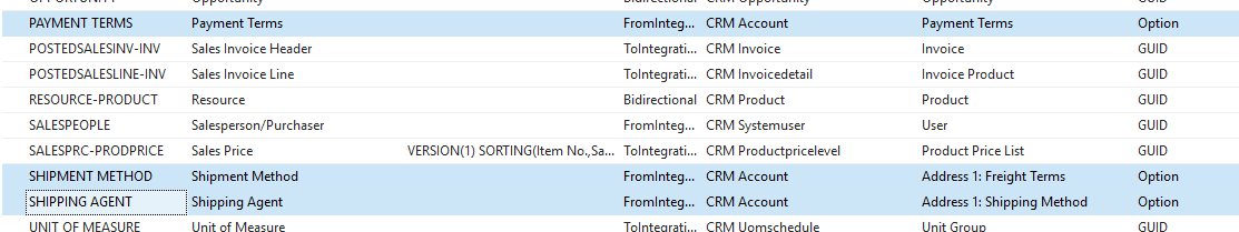 Screenshot that shows the Integration Table Mapping table. SHIPPING AGENT is selected in the first column.