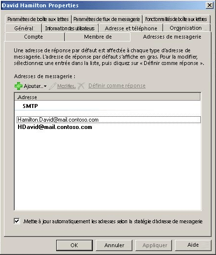 Page des propriétés de la stratégie d'adresse de messagerie